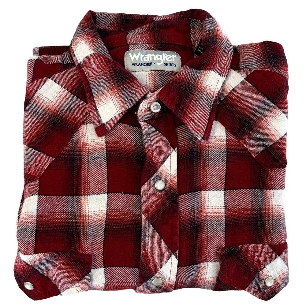 Wrangler Wrancher Shirt Men's Large Red Plaid‎ Pearl Snap Button Up Long Sleeves
